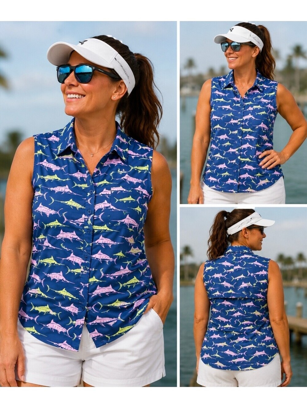 Reel Legends Mariner PXL Sleeveless Fishing Shirt Blue Marlin Print UPF Womens